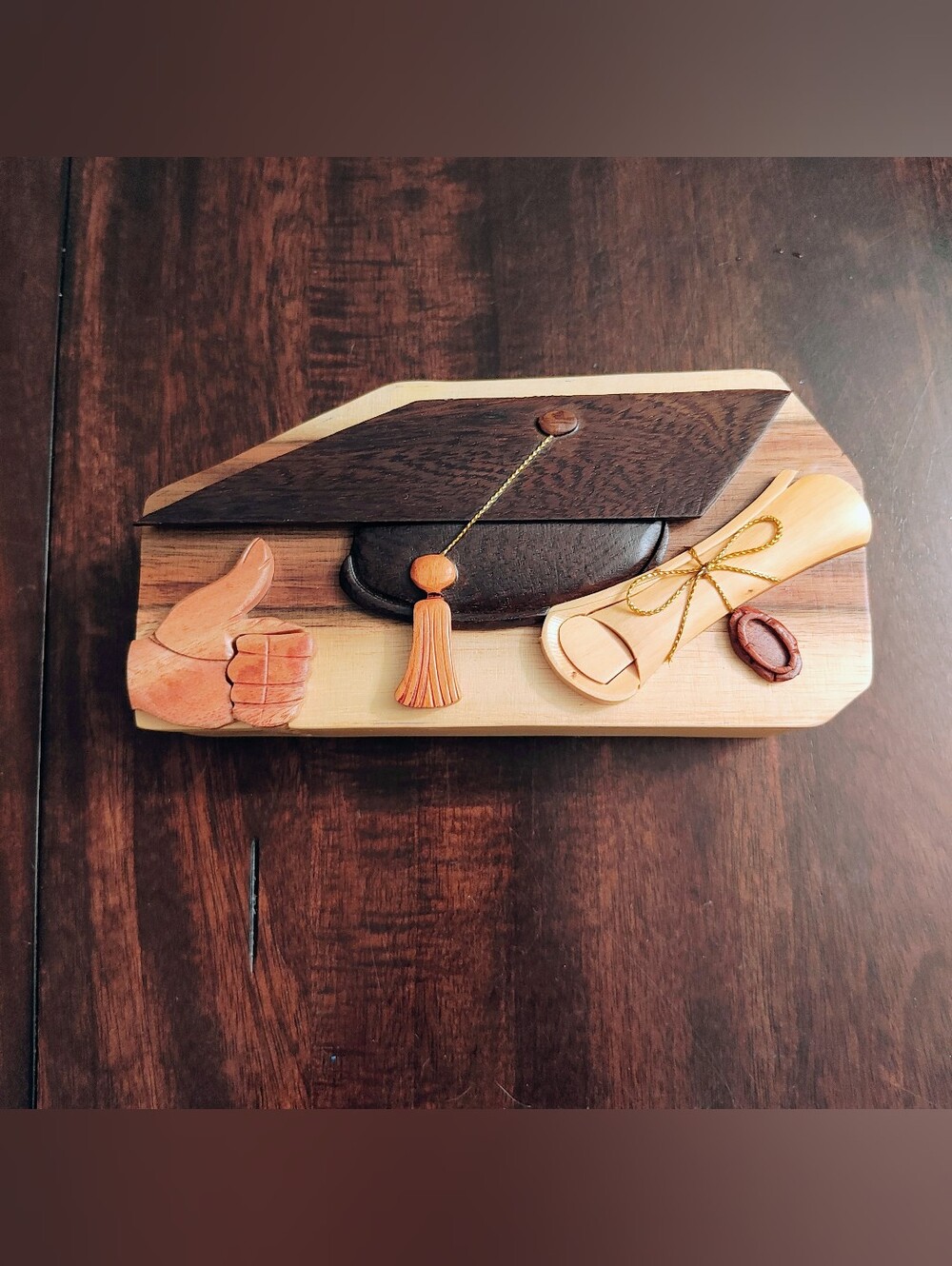 Handcrafted Graduation Plaque Box in Brown and Tan Wood